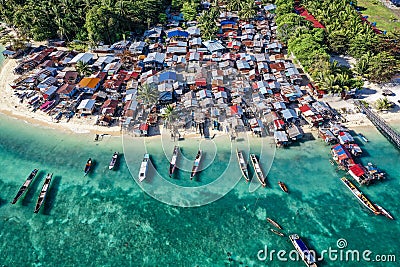 Aerial shot of the Bajau Laut community, sea gypsys of Mabul, Borneo. Stock Photo