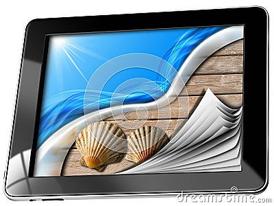 Sea Holiday in Tablet Computer with Pages Stock Photo