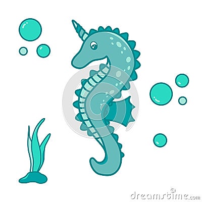 Cute unicorn sea horse, sea weed and bubbles. Hand drawn illustration vector. White background. Stock Photo
