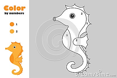 Sea horse in cartoon style, color by number, education paper game for the development of children, coloring page, kids preschool Stock Photo