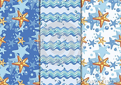 Sea horse, starfish cartoon. Vector pattern with silhouette seahorse and air bubbles. Vector Illustration