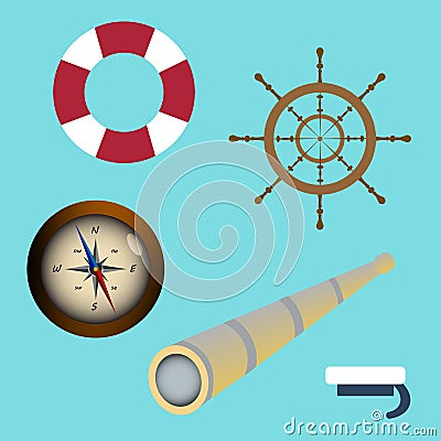 Sea icon set spyglass, compass, sailors cap, lifebuoy, wheel. vector illustration Vector Illustration