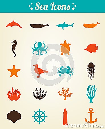 Sea icons and symbols set. Sea animals. Nautical design elements. Vector Vector Illustration