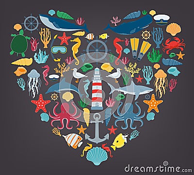 Sea icons and symbols set. Sea animals. Nautical design elements. Vector Vector Illustration