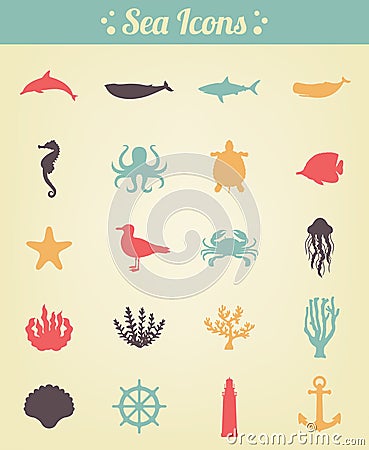 Sea icons and symbols set. Sea animals. Nautical design elements. Vector Vector Illustration