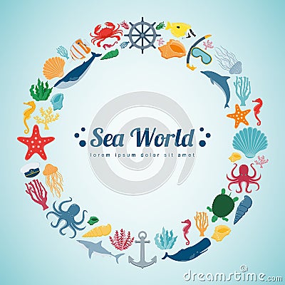 Sea icons and symbols set. Sea animals. Nautical design elements. Vector Vector Illustration