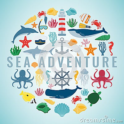 Sea icons and symbols set. Sea animals. Nautical design elements. Vector Vector Illustration