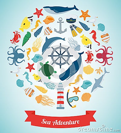 Sea icons and symbols set. Sea animals. Nautical design elements. Vector Vector Illustration