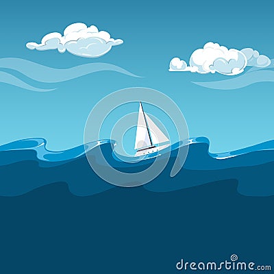 Sea illustration. White sailboat on big waves Vector Illustration