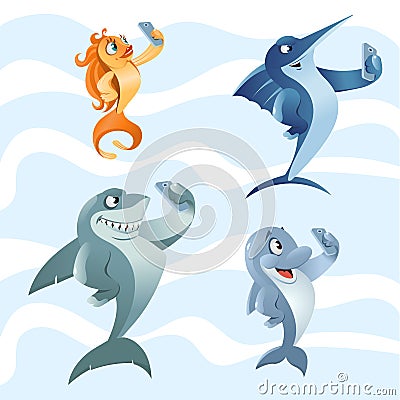 Sea inhabitants making selfie. Vector Illustration