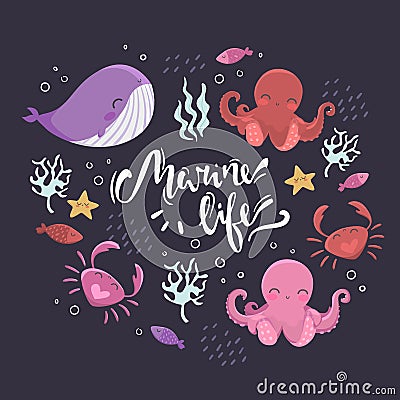 Sea inhabitants. Octopus, starfish, whale, fish, crabs and algae. Lettering marine life. Illustration Stock Photo