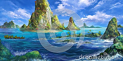 Sea Island, Mountain. Fantasy Backdrop. Concept Art. Realistic Illustration Stock Photo