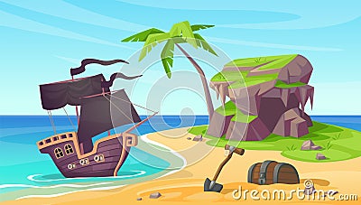 Sea island. Pirate ship. Sand beach. Treasure chest. Tropical palm. Shipwreck in ocean. Sail boat adventure. Wooden Vector Illustration