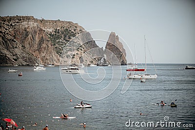 Sea lagoon. Panoramic view on calm azure sea and volcanic rocky Editorial Stock Photo