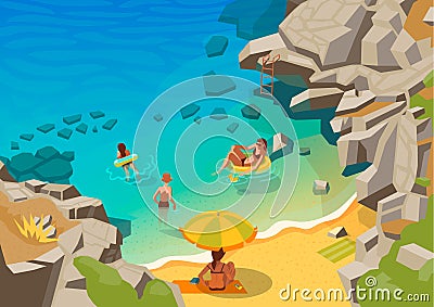 Sea lagoon with a small beach and swimming people Vector Illustration