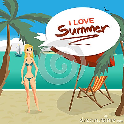 Sea landscape beach, palm tree, sun umbrella, chaise Vector Illustration