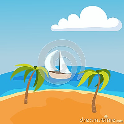 Sea landscape with boat on seychelles palm beach summer water beautiful background and tourism tropical beauty scene Vector Illustration