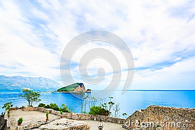 Sea landscape, desert island in blue heavens. Stock Photo