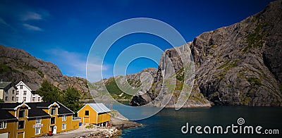 Sea landscape of Nusfjord village and harbour at flakstadoya Island , Lofoten , Norway Stock Photo