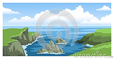 Sea landscape with rocky coastlines, rocks, cliffs, stones, blue sky with big fluffy clouds. Vector Illustration