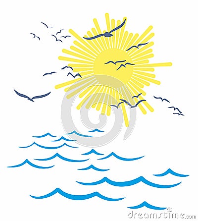 Sea landscape with seagulls. Vector Illustration