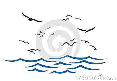 Sea landscape with seagulls. Vector Illustration