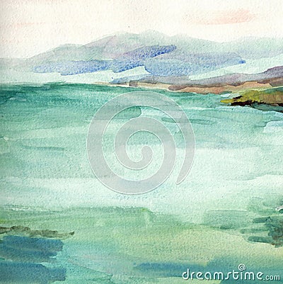 Sea landscape, sea side, beach. Beautiful watercolor hand painting illustration Cartoon Illustration