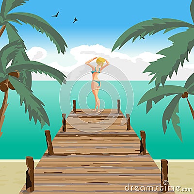 Sea landscape summer beach, old wooden pier. Cartoon Illustration