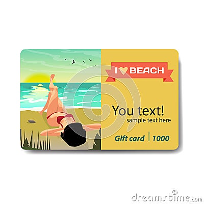 Sea landscape summer beach, palms and a private beach at sunset. Vector Illustration