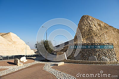 Sea level sign by the dead sea, israel Stock Photo