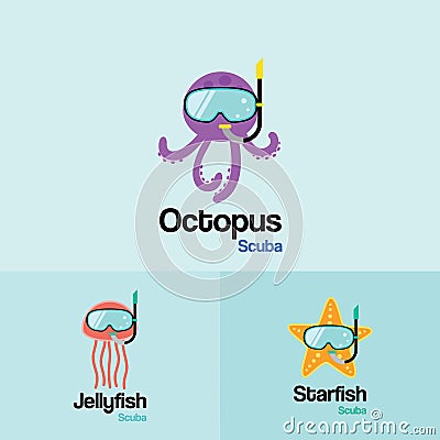 Sea life Animal Scuba Logo Template. Octopus, Jellyfish, Starfi Vector Illustration