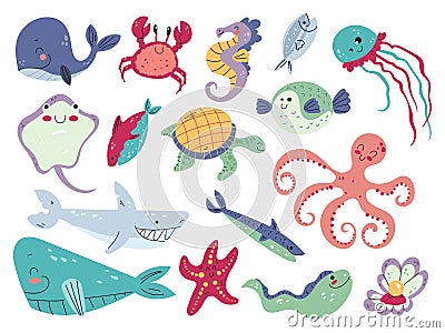 Sea life. Baby cute marine animals, underwater world inhabitants, tropical ocean fauna, cartoon whales, crab and octopus Vector Illustration