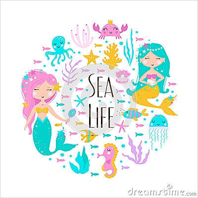 Sea life card with mermaid, leaves, seashells and fish. Cute vector illustration Vector Illustration