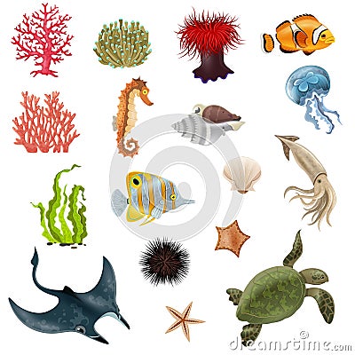 Sea Life Cartoon Icons Set Vector Illustration