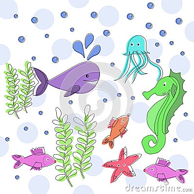 Sea life cute marine animals Vector Illustration