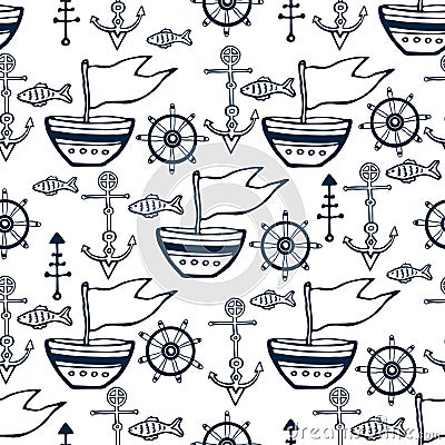 Sea life doodle set. Nautical sketch collection with ship, dolphin, shells, fish anchors and helm Vector Illustration
