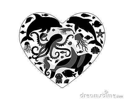 Sea life. I love ocean heart with sea animals. Silhouettes of marine life located in the shape of a heart - dolphins, killer whale Vector Illustration