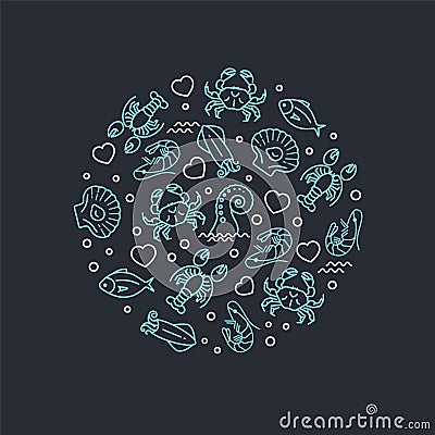 Sea life icons in circle composition, seafood signs Vector Illustration