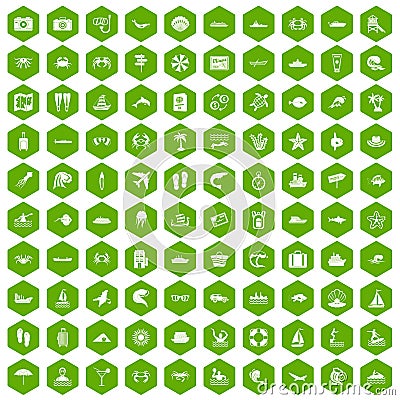 100 sea life icons hexagon green Vector Illustration