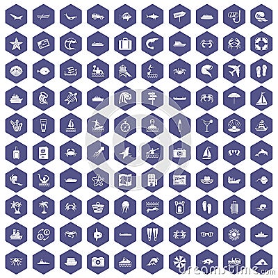 100 sea life icons hexagon purple Vector Illustration