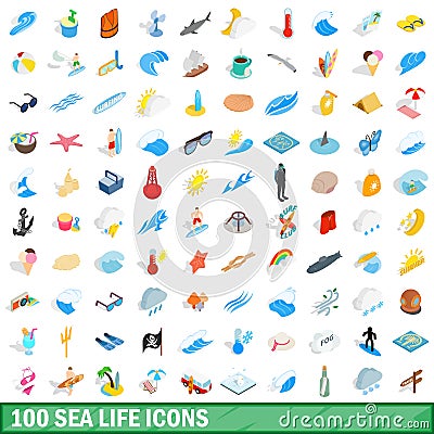 100 sea life icons set, isometric 3d style Vector Illustration