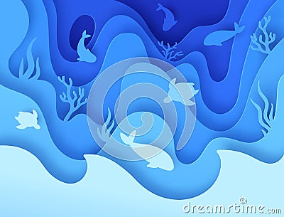 Sea life paper cut. Undersea world with reefs, corals, fish and animal silhouette. Ocean deep wildlife in 3d paper art style, Vector Illustration