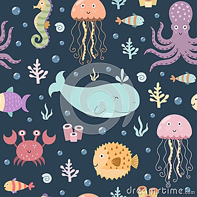 Sea life seamless pattern. Vector Illustration