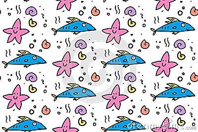 Sea life seamless pattern with cute doodle fishes and starfish. Hand drawn lines cartoon fish. Marine background. Vector Vector Illustration