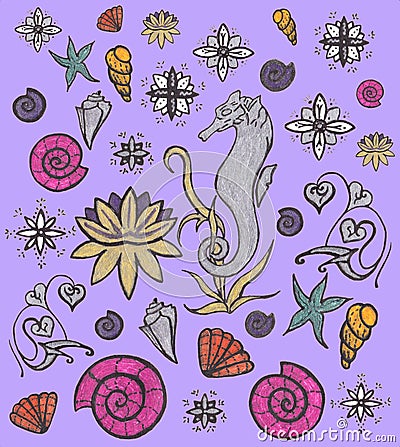 Sea life set. Cute creatures and animals. Underwater wildlife. Hand drawn Illustration. Elements for design isolated on purple Stock Photo