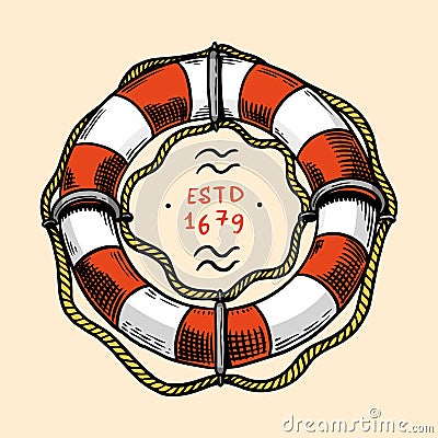 Sea Lifebuoy. Nautical or marine Ring buoy, ocean water wheely or lifering. Hand drawn monochrome retro engraved old Vector Illustration