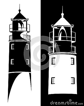 Sea lighthouse tower black and white vector silhouette design set Vector Illustration