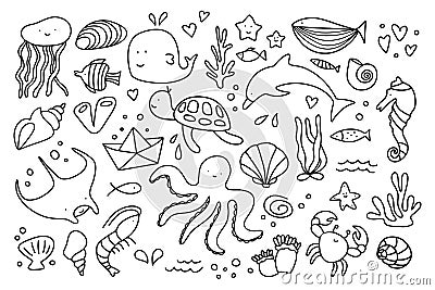 Sea line doodle icons. Hand drawn minimal underwater aquarium symbols, seashell fish algae shell sketchy art. Vector set Vector Illustration