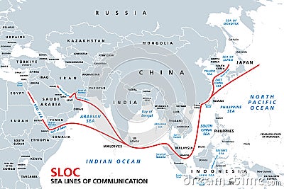 Indo-Pacific major energy SLOCs, Sea Lines Of Communication, map Vector Illustration
