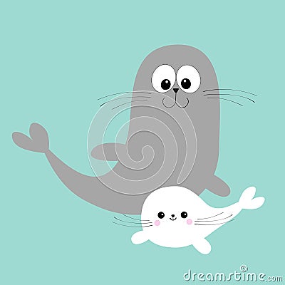 Sea lion. Harp seal pup. Cute cartoon character. Happy animal collection. Sea ocean water. Mother and baby family. Blue background Vector Illustration